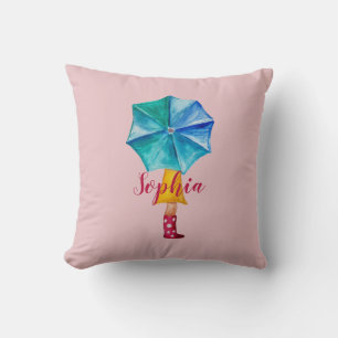 Coussin Fille au parapluie au monogramme rose aquarelle