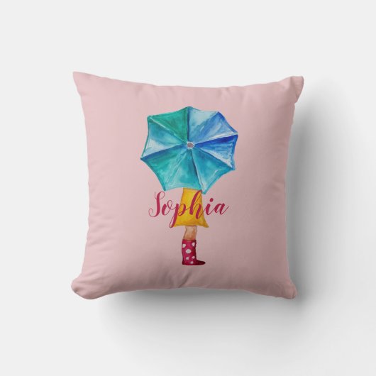 Coussin Fille au parapluie au monogramme rose aquarelle (Recto)