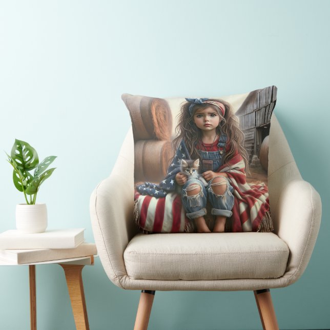 Coussin Fille avec anniversaire du drapeau américain (Chaise)