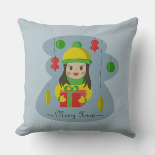 Coussin Fille avec boîte cadeau de Noël