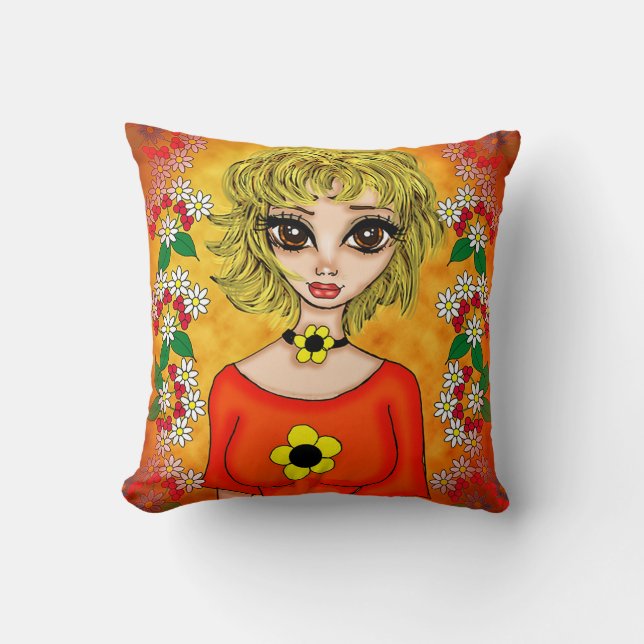 Coussin Fille Avec Chemise Orange Et Fleur Blanche Jaune (Recto)