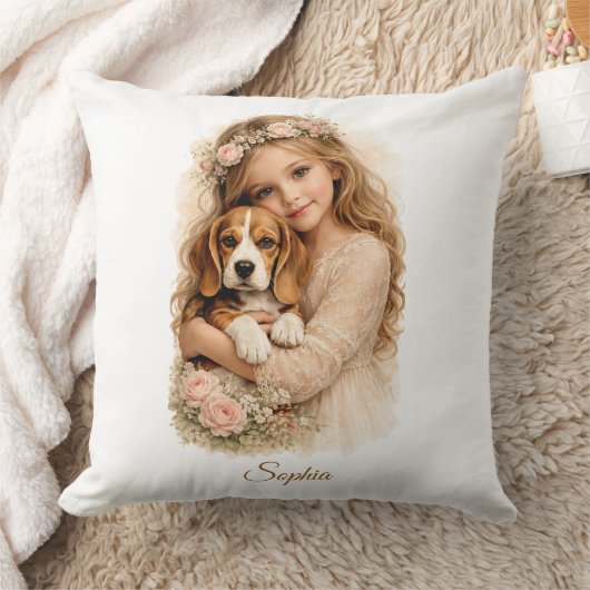 Coussin Fille avec chiot beagle (Couverture)