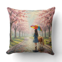 Fille avec parapluie et poney dans le parc jeté or