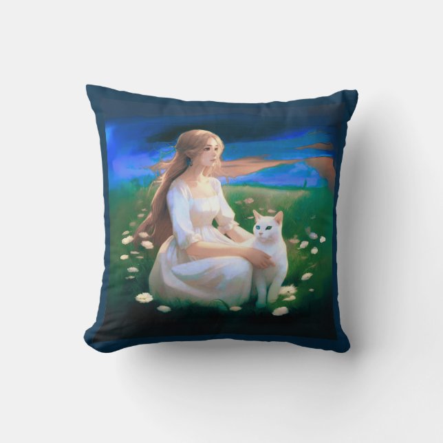 Coussin Fille avec un chat dans une prairie au crépuscule (Recto)