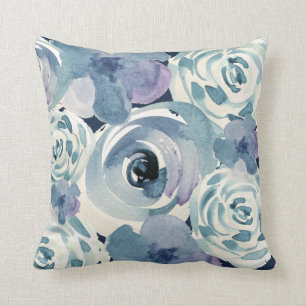 Coussin Fille Bleu violet Vert ivoire Aquarelle Florale