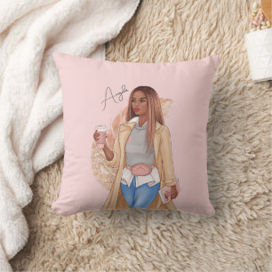 Coussin Fille Bohème Faux Paillettes Tan Cheveux Brun Rose