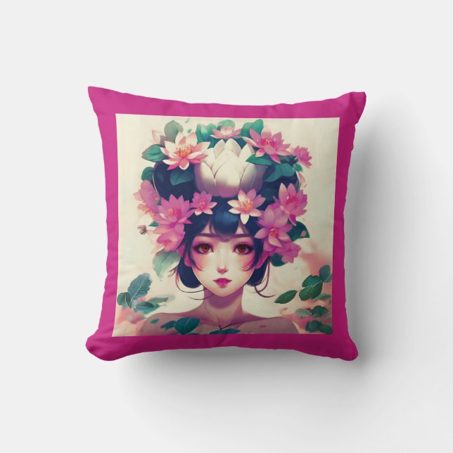 Coussin Fille d'anime couronnée de fleurs de lotus (Recto)