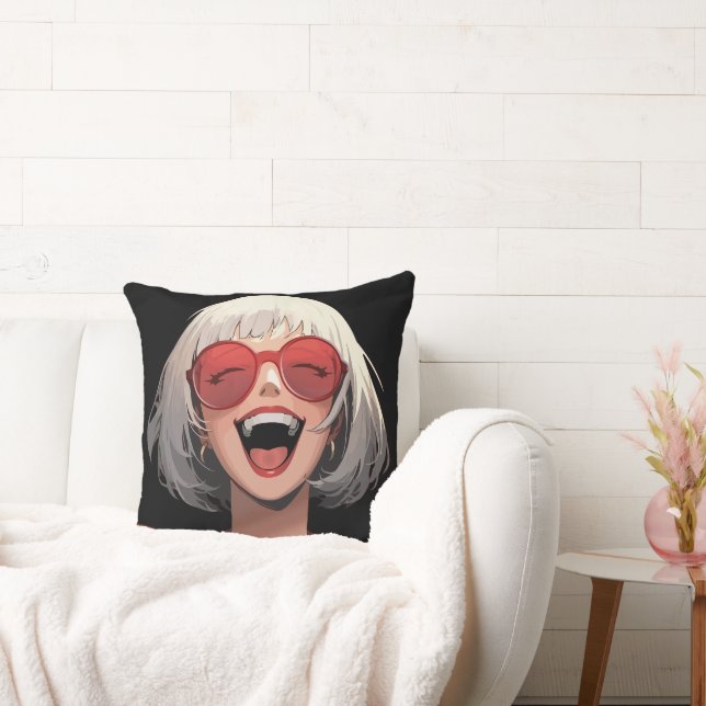 Coussin Fille d'anime joyeuse : Cheveux gris, Lunettes rou (Canapé)