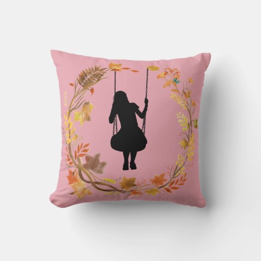 Coussin Fille d'automne sur graphique à balançoire _Feuill (Recto)