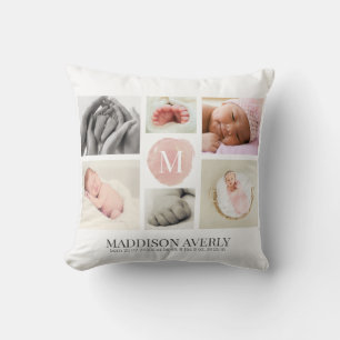 Coussin Fille de collage photo de monogramme ombré rose aq