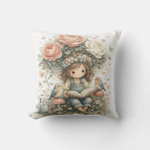 Fille de jardin fantaisiste lisant avec des oiseau