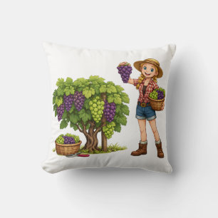 Coussin Fille de la ferme cueillant des raisins, art de la