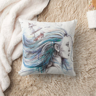 Coussin Fille de l'océan Art nautique surréaliste aquarell