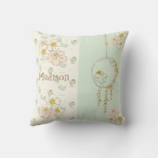 Coussin Fille de l'oiseau bleu Floral Rustique Nom Nurseri (Verso)