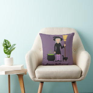 Coussin Fille de sorcière mignonne et chat & Texte Joyeux 
