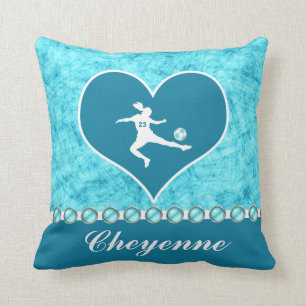 Coussin Fille du football de turquoise avec le nom et le