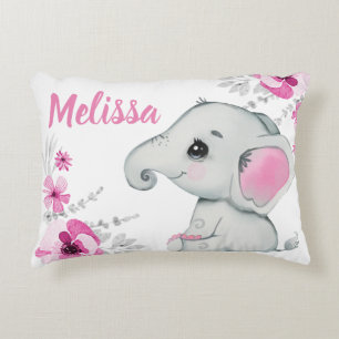 Coussin fille éléphant rose nom personnalisé