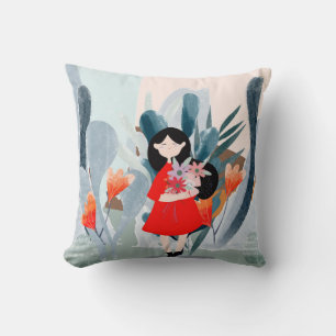 Coussin Fille en forêt, dessin animé vert nature.