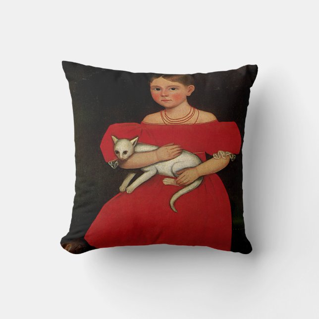 Coussin Fille en rouge avec son chat et son chien (Recto)