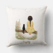 Coussin Fille et chat noir sur une branche (Verso)