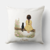Coussin Fille et chat noir sur une branche (Recto)