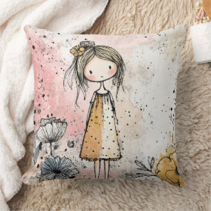 Coussin Fille Fantaisiste Aquarelle aux Accents Floraux (1