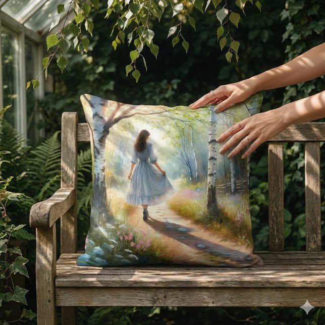 Coussin Fille Fantaisiste Dançant à Travers une Forêt de B (Whimsical Girl Dancing Through Birch Forest Throw Pillow Mockup A)