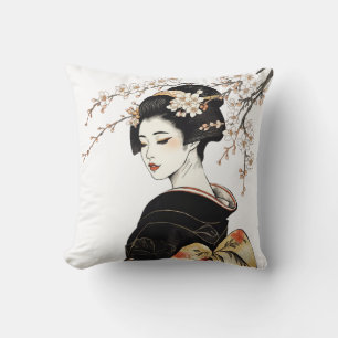 Coussin Fille Geisha Japonaise & Fleurs Noir Or