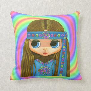 Coussin Fille hippie de poupée de grand oeil dans le