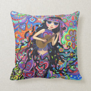 Coussin Fille hippie psychédélique de sirène jouant la