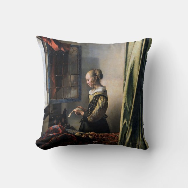 Coussin Fille lisant une lettre à une fenêtre ouverte, Ver (Recto)