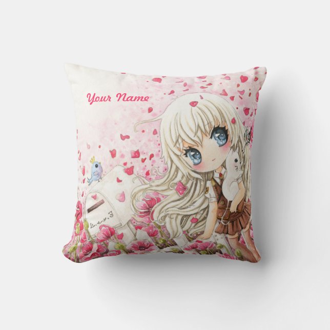 Coussin Fille mignonne avec le chat blanc sur le gisement (Recto)