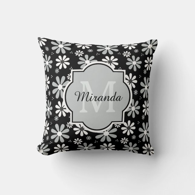 Coussin Fille Monogramme Noir Blanc Fleurs Faisées Avec No (Recto)
