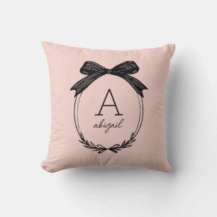 Coussin Fille Noir Bow Script moderne Blush Pink Monogramm
