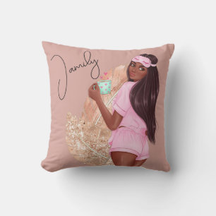 Coussin Fille pailletée fausse café Cheveux Marron Rose Ro