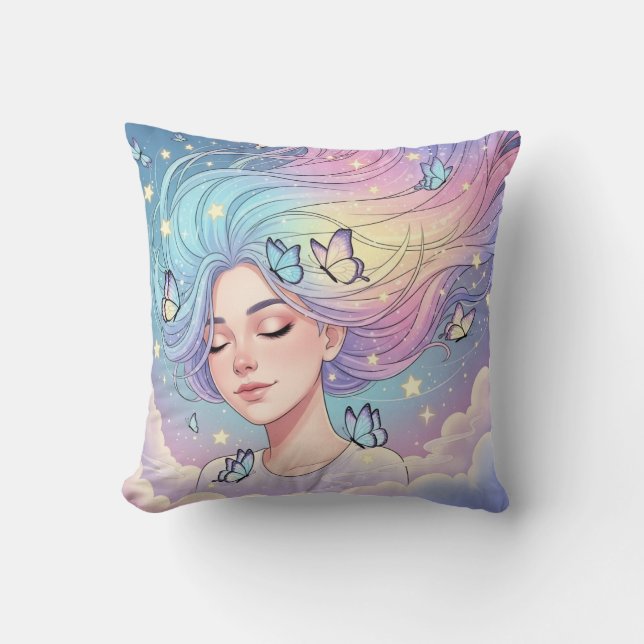 Coussin Fille Pastel Rêveuse Esthétique Papillon (Recto)