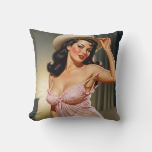 Coussin Fille pin-up rétro avec chapeau de cowboy