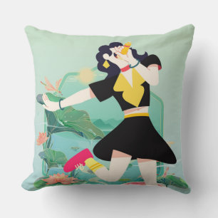 Coussin Fille Rétro d'Été avec Pastèque et Étang de Lotus