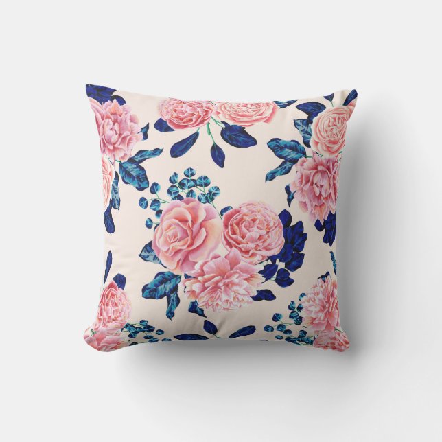 Coussin Fille Rose Marine Bleu Pays Fleurs Peintes (Recto)