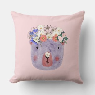 Coussin Fille rose mignon animal sauvage avec fleurs pépin