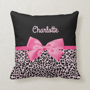 Coussin Fille rose noir Empreinte de léopard mou Bow et no