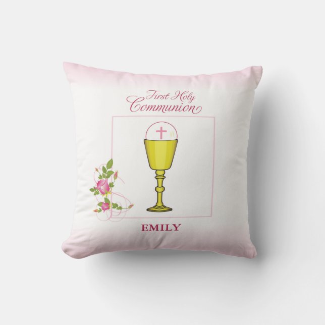 Coussin Fille Rose Première Communion, Calice, Hostie, Ros (Recto)