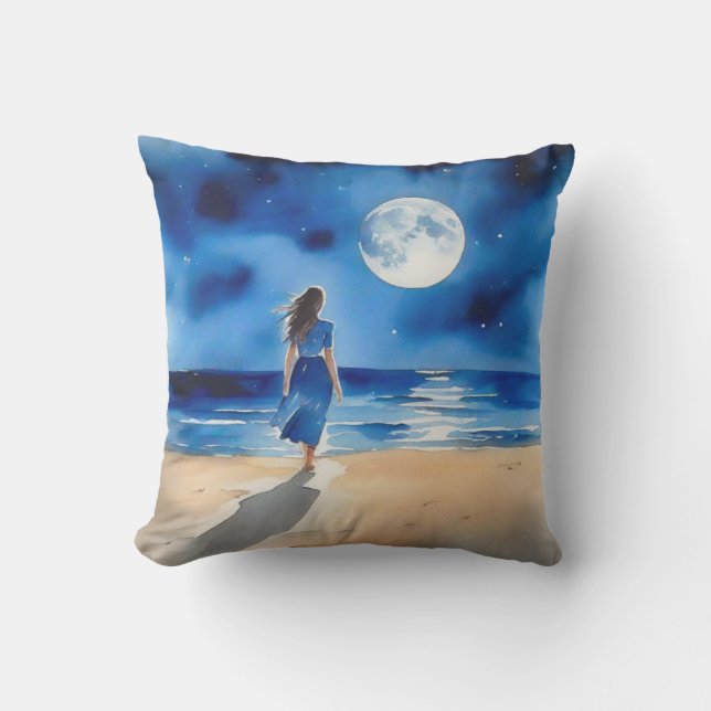 Coussin Fille sur la plage sous une Pleine lune (Recto)