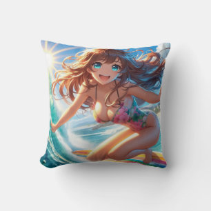 Coussin Fille surfeuse anime côtière/nautique/tropicale
