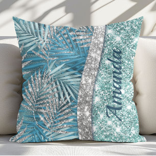 Coussin Fille teal vert argenté paillettes feuilles Monogr