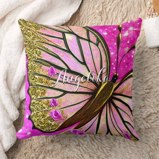 Coussin Fille tendance rose et papillon or Nom personnalis (Couverture)