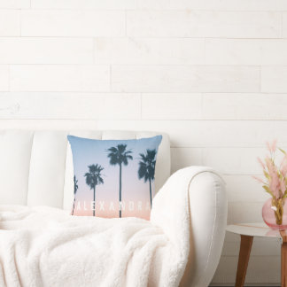 Coussin Fille tropicale Pink Blue Palm Tree Sunset Nom