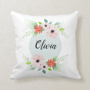 Coussin Filles Cute Floral Aquarelle Fleurs et nom Enfants