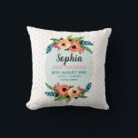 Coussin Filles Élégante et mignonne Floral Naissance Stati<br><div class="desc">Cet élégant et mignon pépinière florale statistiques de naissance bébé jetez oreiller caractéristiques mignonnes fleurs d'aquarelle estivale, pois rose pastel, et a l'espace pour vous d'ajouter votre bébé filles nom complet, date de naissance, poids et la taille à la naissance, et le lieu de naissance dans une police manuscrite. Le...</div>