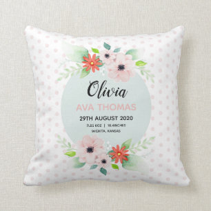 Coussin Filles mignonnes rose Floral Naissance Statistique